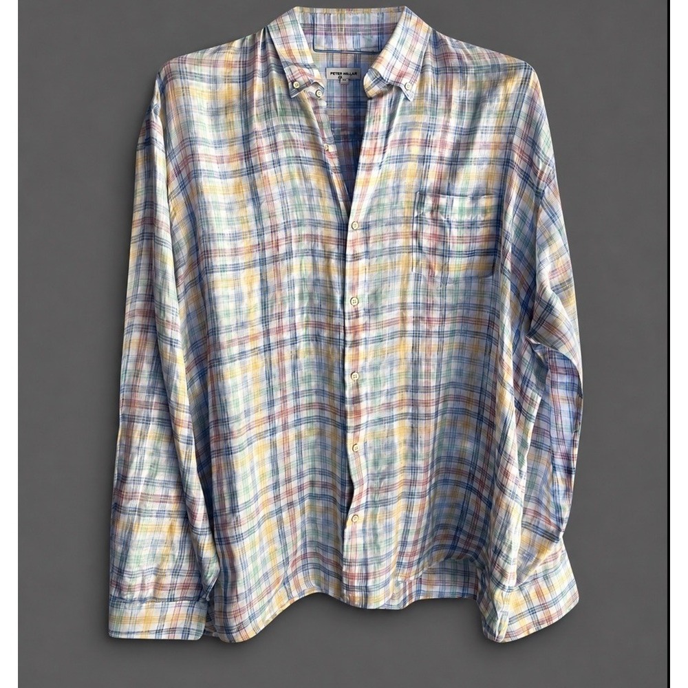 Peter Millar XXL Crown Sport 100% Linen Hammer Mock Plaid Sport Shirt Pastel - Picture 2 of 7